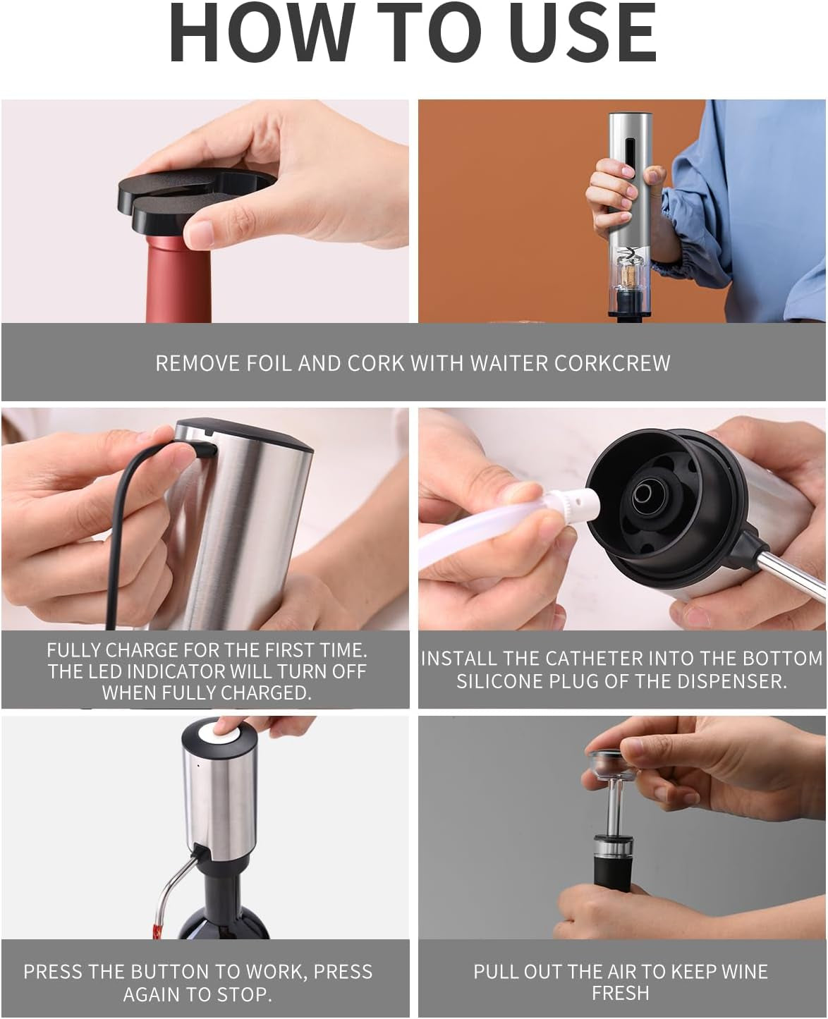 6-In-1 Electric Wine Opener Set Rechargeable Stainless Steel Wine Opener Gift Set with Foil Cutter, Rechargeable & Manual Wine Aerator Pourers, Vacuum Wine Stopper and Storage Base, Silver