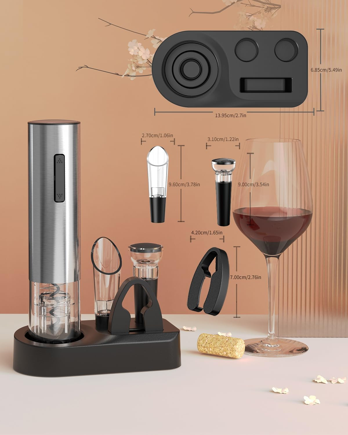 6-In-1 Electric Wine Opener Set Rechargeable Stainless Steel Wine Opener Gift Set with Foil Cutter, Rechargeable & Manual Wine Aerator Pourers, Vacuum Wine Stopper and Storage Base, Silver