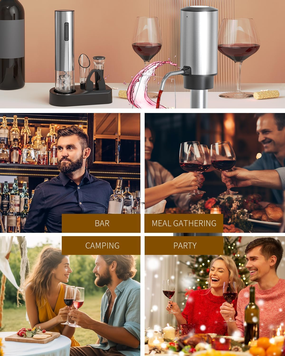 6-In-1 Electric Wine Opener Set Rechargeable Stainless Steel Wine Opener Gift Set with Foil Cutter, Rechargeable & Manual Wine Aerator Pourers, Vacuum Wine Stopper and Storage Base, Silver