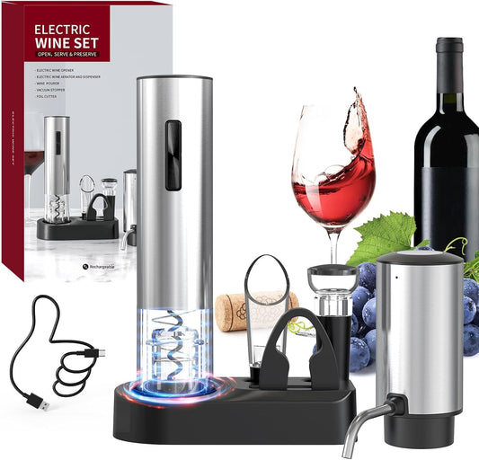 6-In-1 Electric Wine Opener Set Rechargeable Stainless Steel Wine Opener Gift Set with Foil Cutter, Rechargeable & Manual Wine Aerator Pourers, Vacuum Wine Stopper and Storage Base, Silver