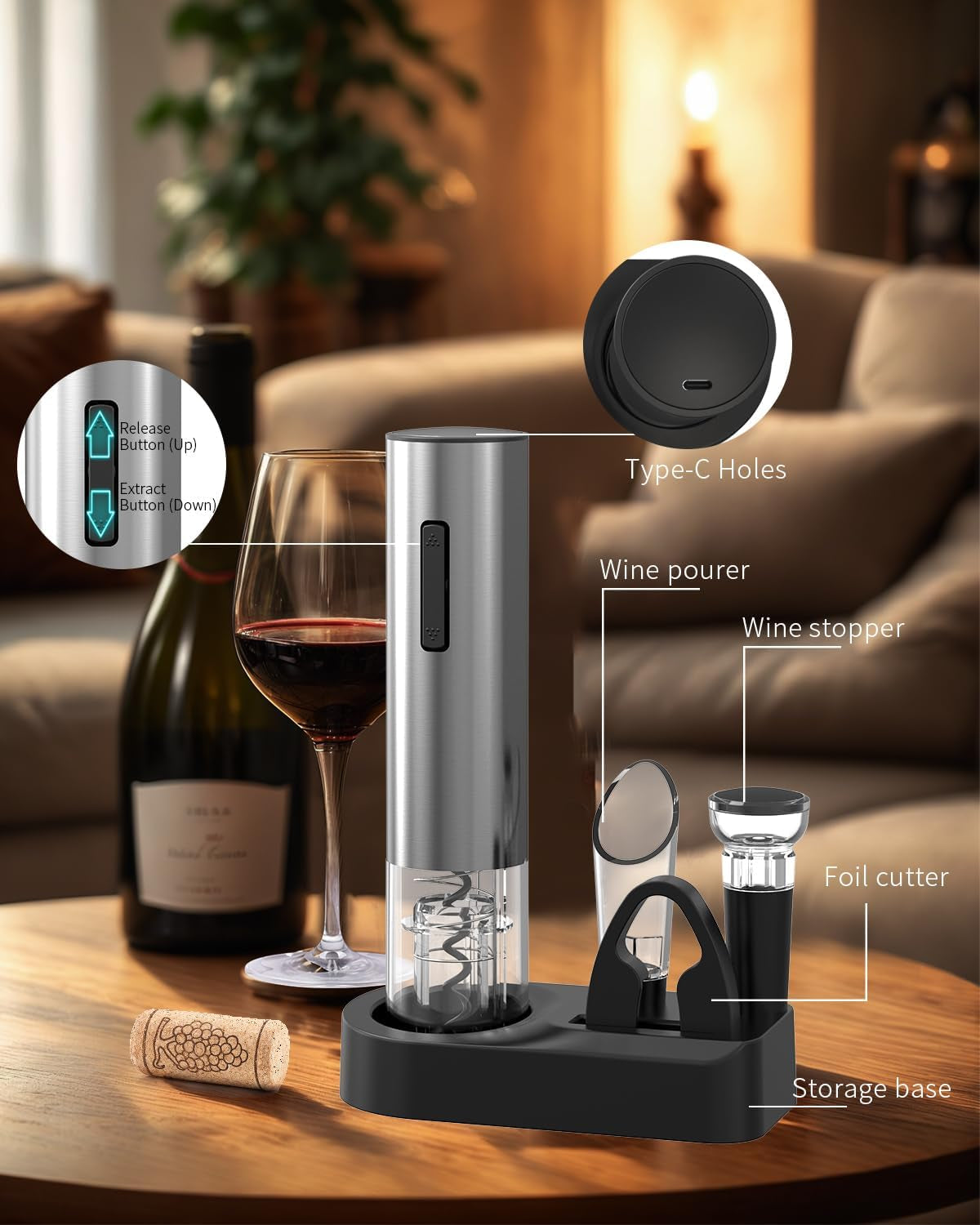 6-In-1 Electric Wine Opener Set Rechargeable Stainless Steel Wine Opener Gift Set with Foil Cutter, Rechargeable & Manual Wine Aerator Pourers, Vacuum Wine Stopper and Storage Base, Silver